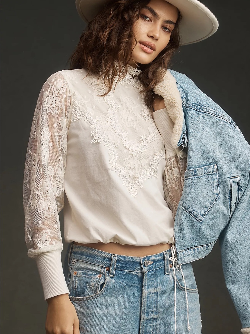 Anthropologie Tiny Delicate Lace-Trim Cream Long-Sleeve Top